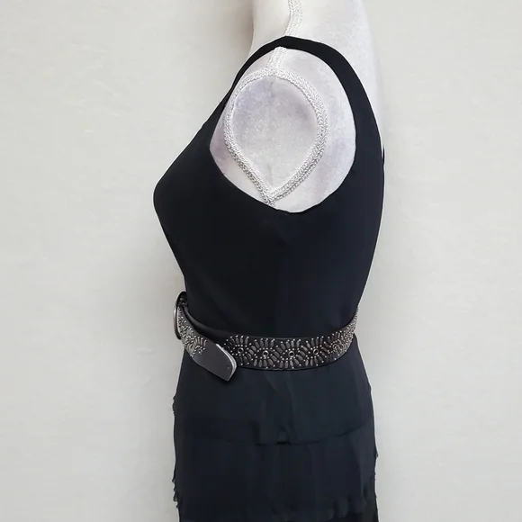 𝅺VINTAGE Jones Wear Black Chiffon Sleeveless Tiered Ruffle Full Skirt Midi Dres - Picture 10 of 15